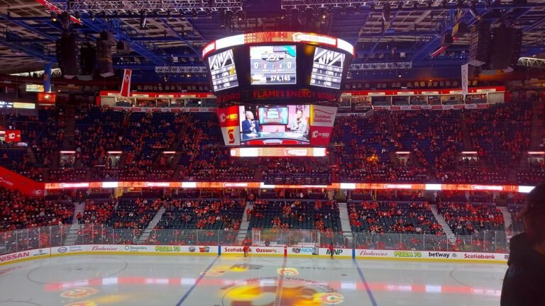 Isen och läktarna i Scotiabank Saddledome i Calgary under en periodpaus