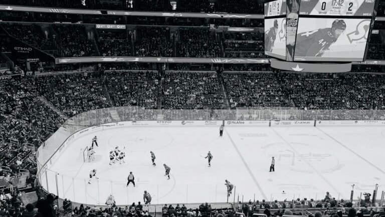 Ishockeyspelare i en arena.